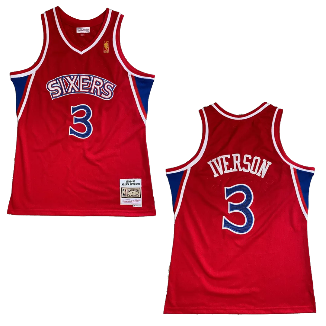 Men's Philadelphia 76ers Iverson #3 Red Hardwood Classics Jersey