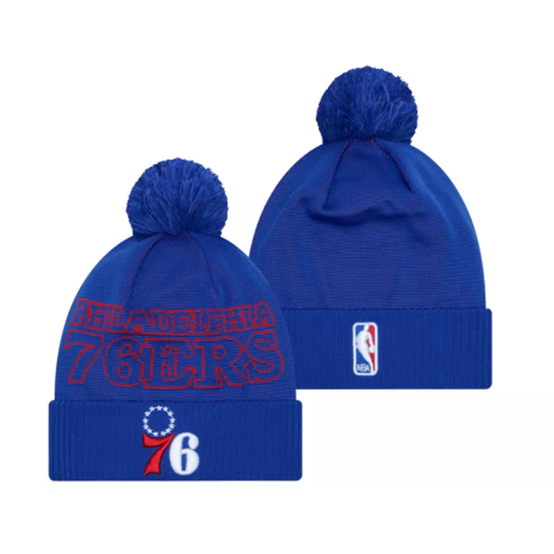 Men NBA Philadelphia 76ers Royal Cuffed Knit Hat With Pom 2023