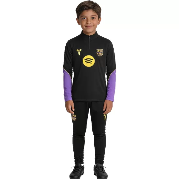 Kids Barcelona 1/4 Zipper Sweat Kit(Top+Pants) Black 2026/27 - thejerseys